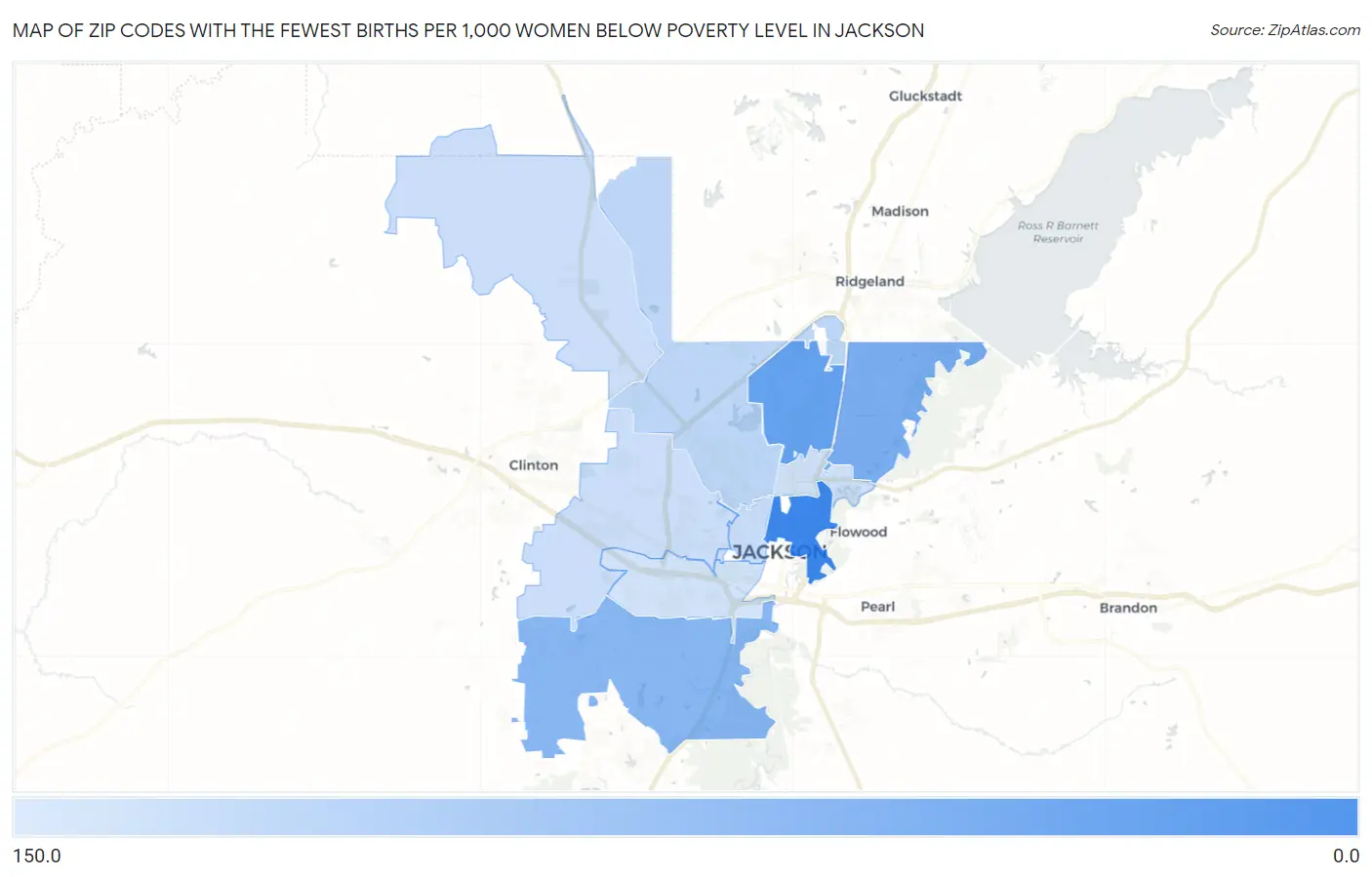 Zip Codes with the Fewest Births per 1,000 Women Below Poverty Level in Jackson Map