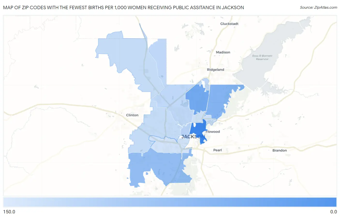 Zip Codes with the Fewest Births per 1,000 Women Receiving Public Assitance in Jackson Map