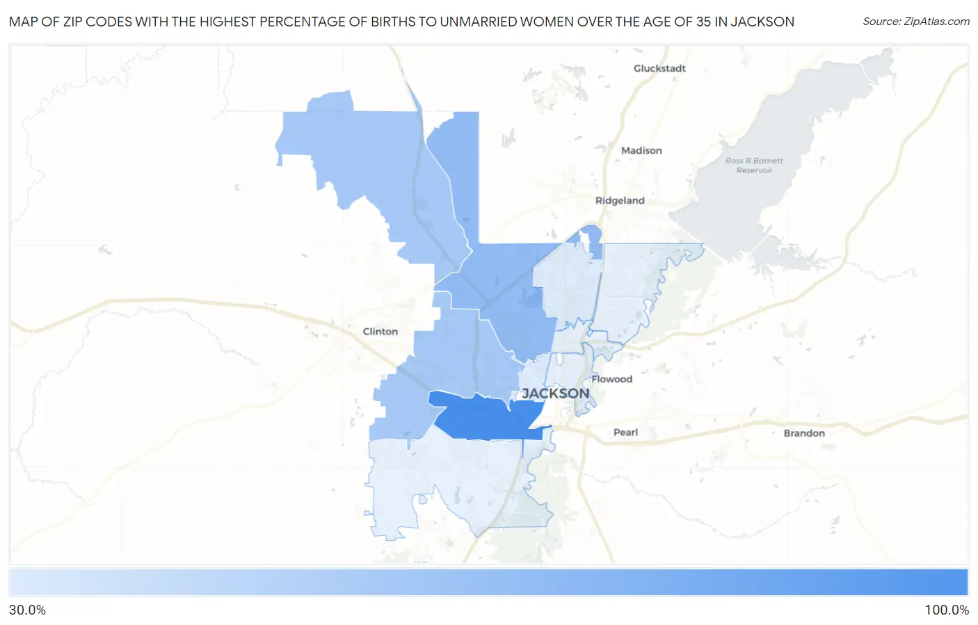 Zip Codes with the Highest Percentage of Births to Unmarried Women over the Age of 35 in Jackson Map