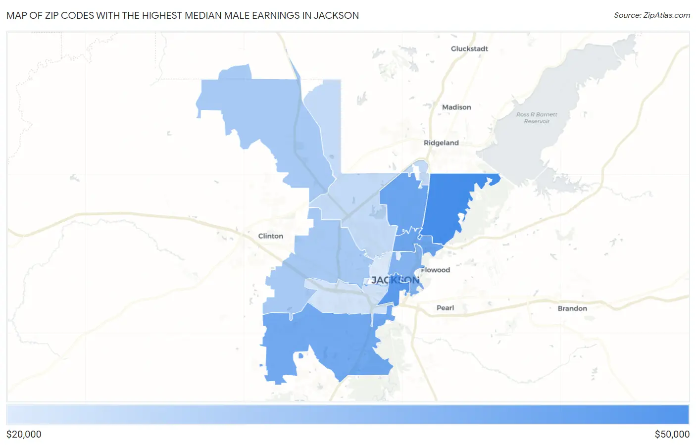 Zip Codes with the Highest Median Male Earnings in Jackson Map