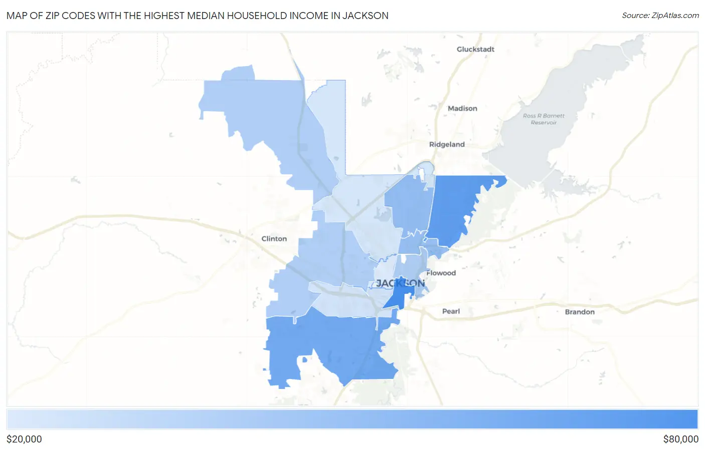 Zip Codes with the Highest Median Household Income in Jackson Map