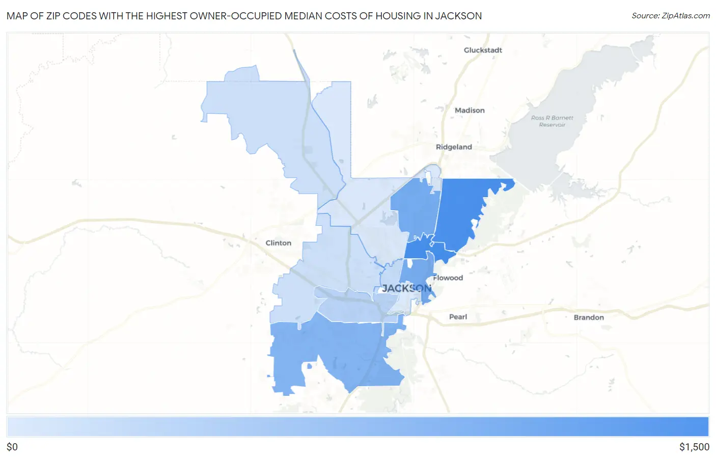 Zip Codes with the Highest Owner-Occupied Median Costs of Housing in Jackson Map