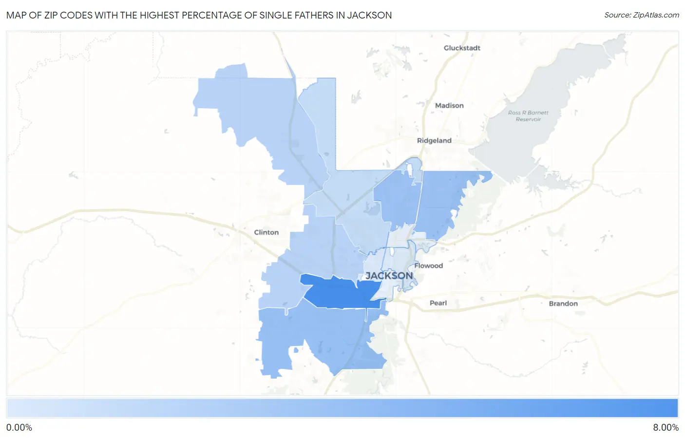 Zip Codes with the Highest Percentage of Single Fathers in Jackson Map