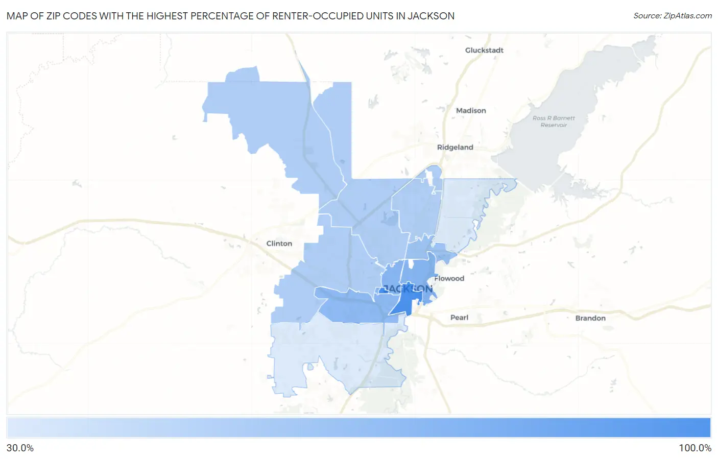 Zip Codes with the Highest Percentage of Renter-Occupied Units in Jackson Map