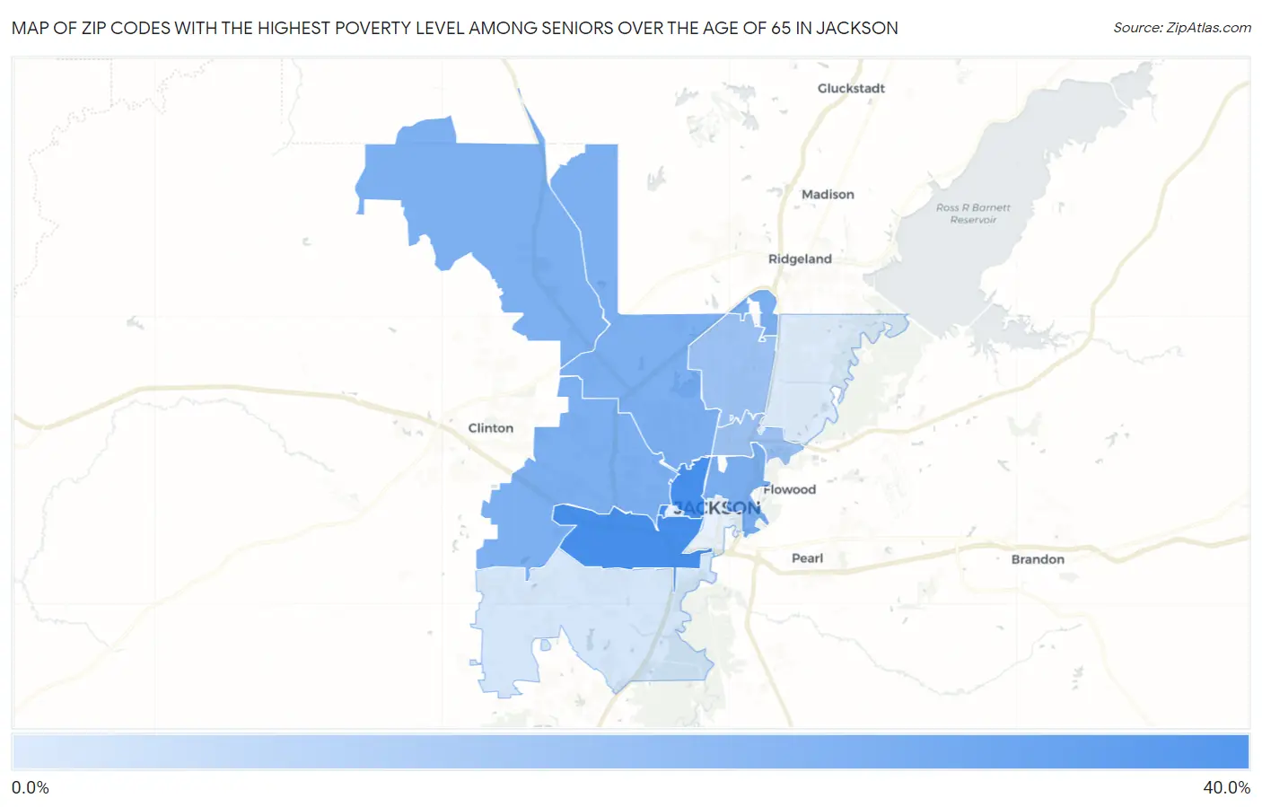 Zip Codes with the Highest Poverty Level Among Seniors Over the Age of 65 in Jackson Map