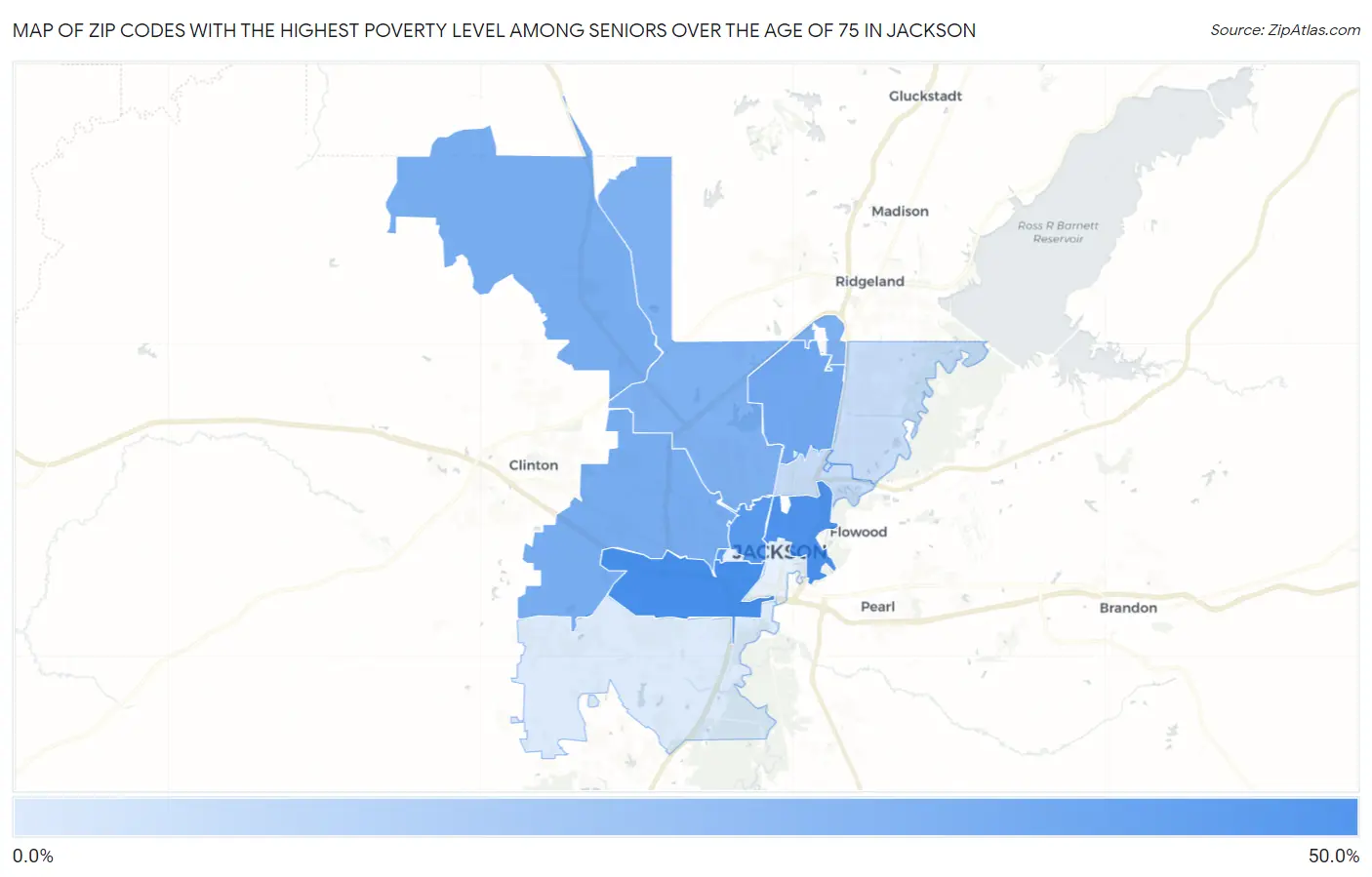 Zip Codes with the Highest Poverty Level Among Seniors Over the Age of 75 in Jackson Map