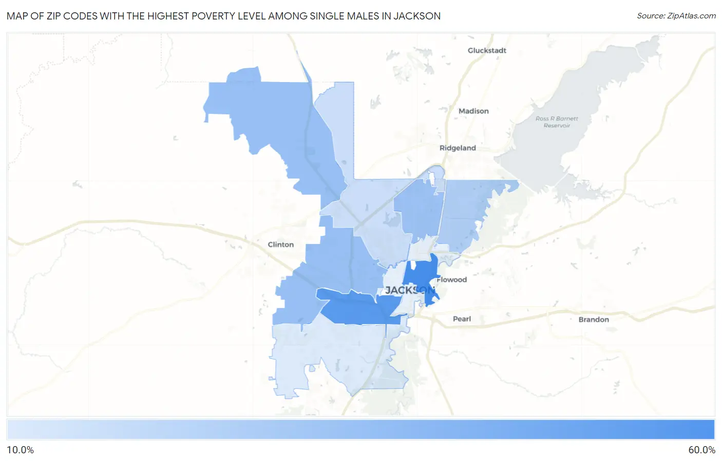 Zip Codes with the Highest Poverty Level Among Single Males in Jackson Map