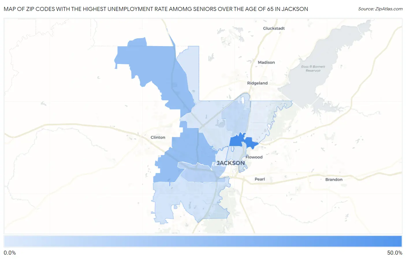 Zip Codes with the Highest Unemployment Rate Amomg Seniors Over the Age of 65 in Jackson Map