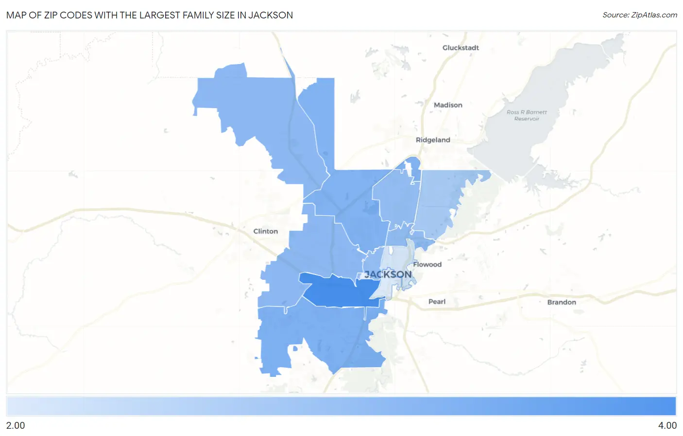Zip Codes with the Largest Family Size in Jackson Map