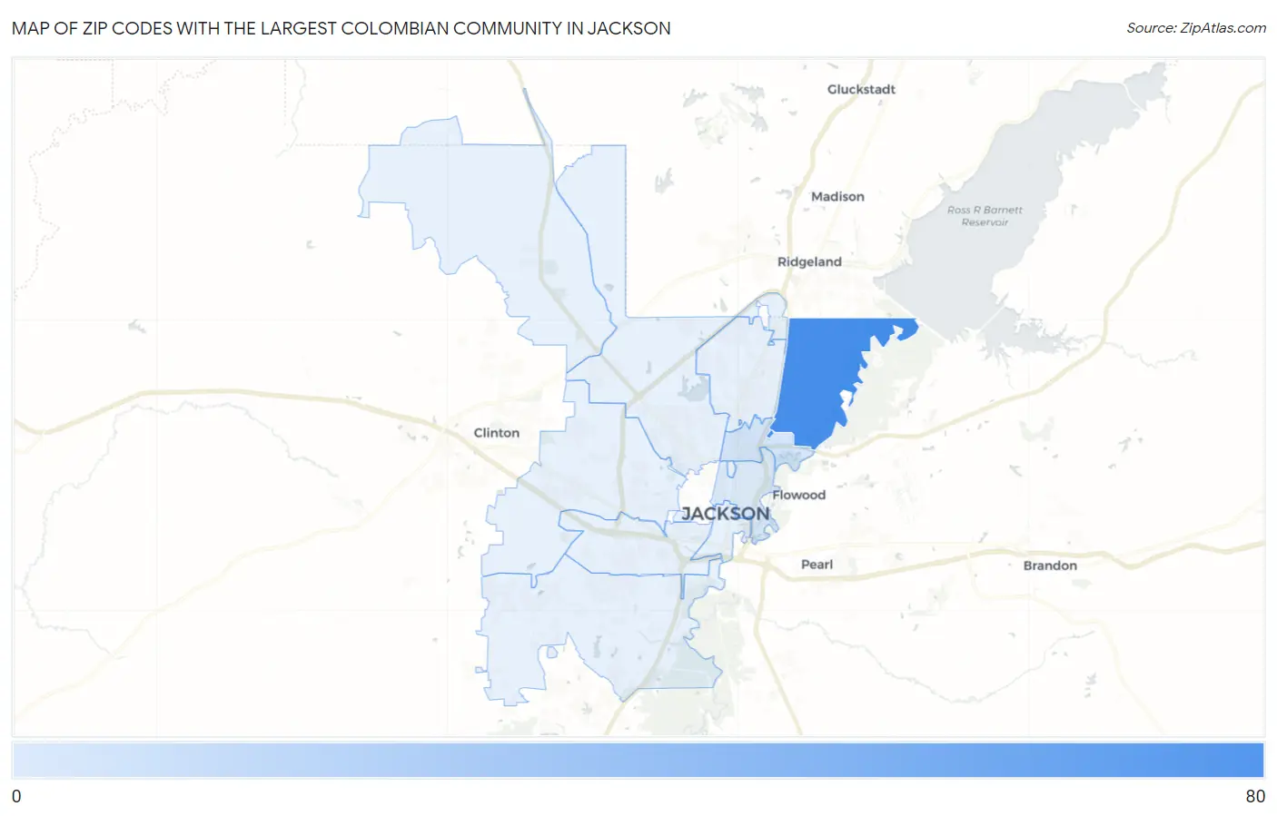 Zip Codes with the Largest Colombian Community in Jackson Map