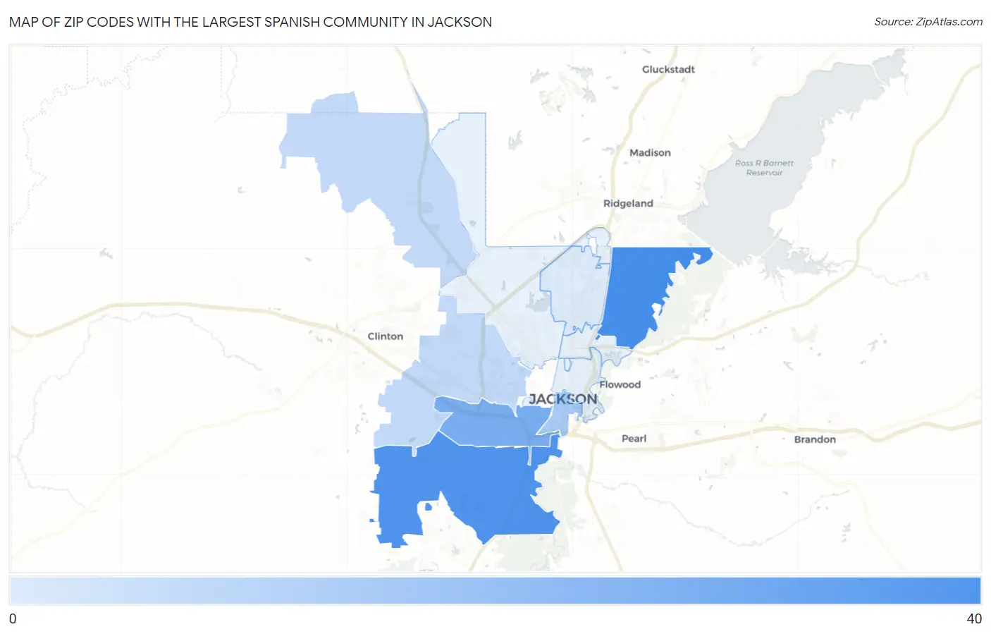 Zip Codes with the Largest Spanish Community in Jackson Map