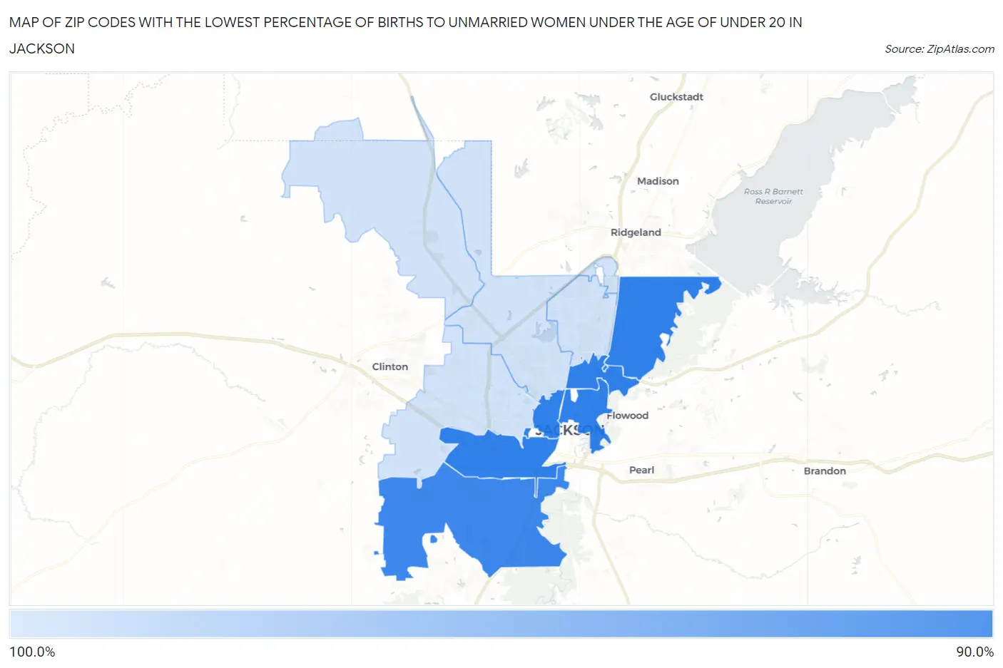 Zip Codes with the Lowest Percentage of Births to Unmarried Women under the Age of under 20 in Jackson Map