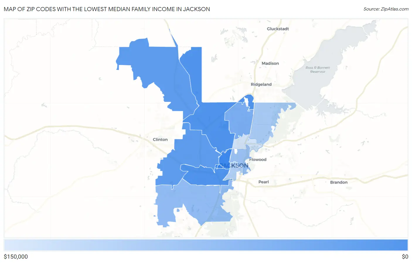 Zip Codes with the Lowest Median Family Income in Jackson Map