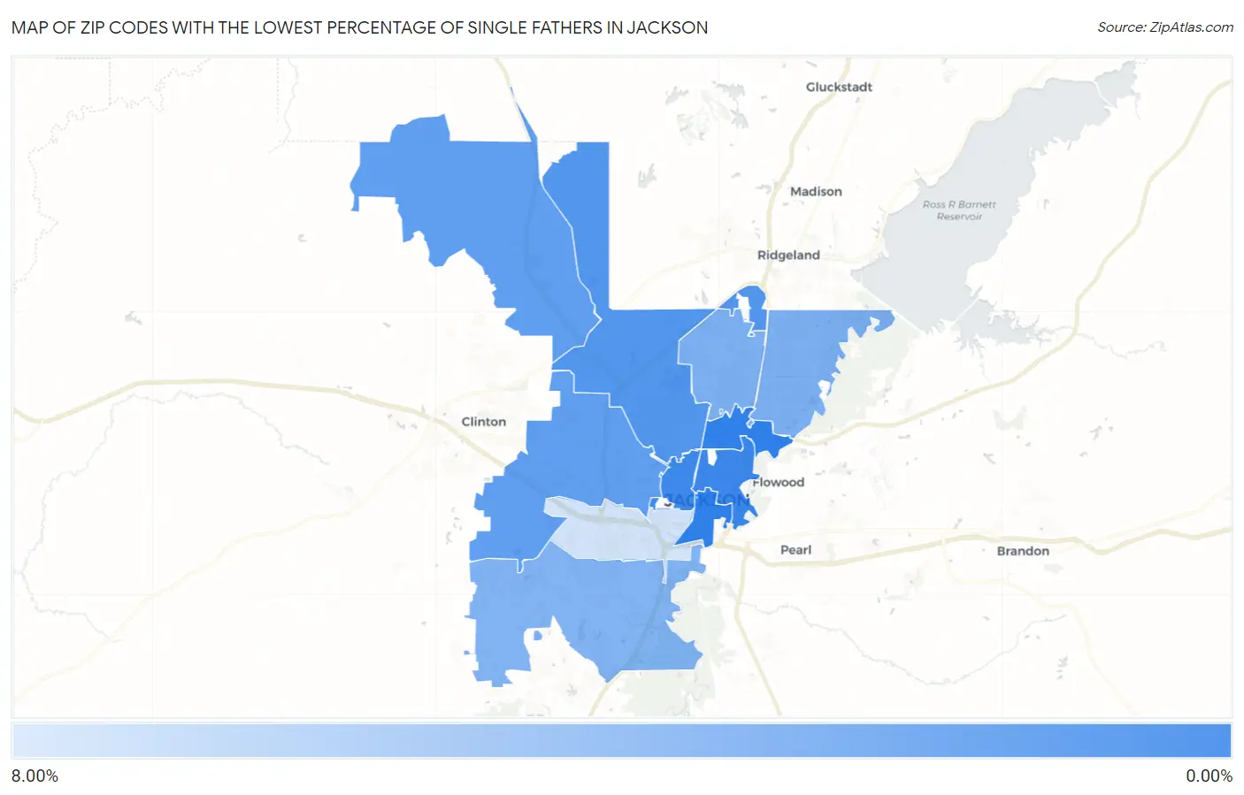 Zip Codes with the Lowest Percentage of Single Fathers in Jackson Map