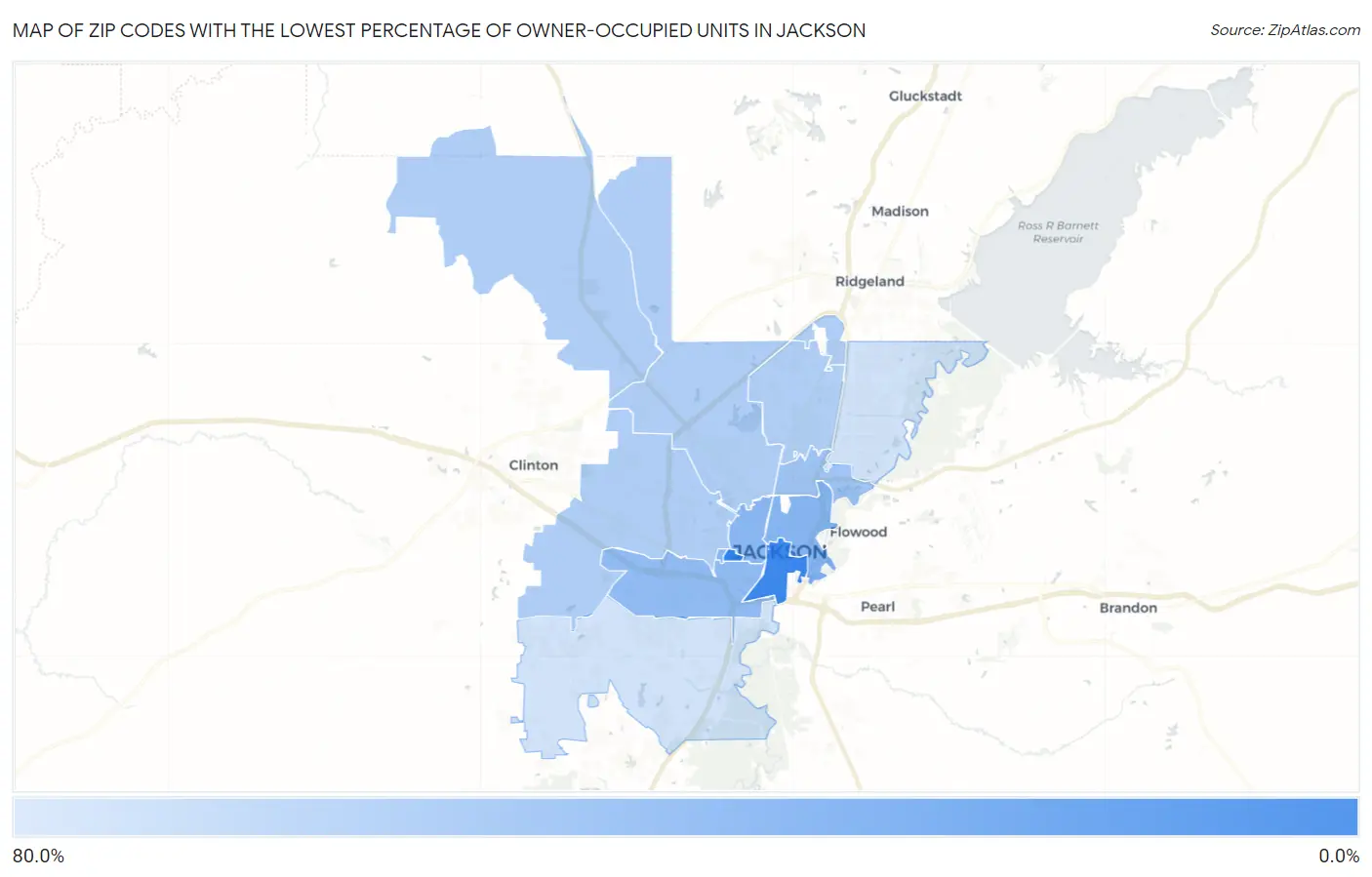 Zip Codes with the Lowest Percentage of Owner-Occupied Units in Jackson Map