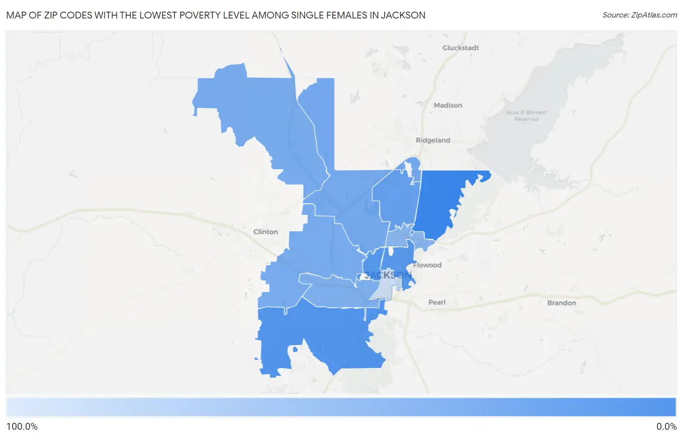Zip Codes with the Lowest Poverty Level Among Single Females in Jackson Map