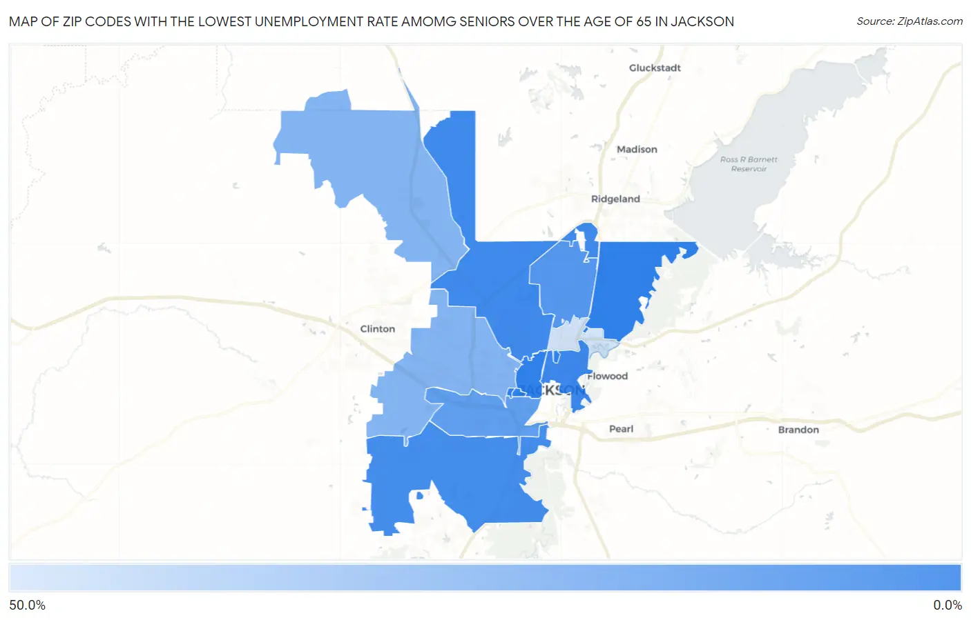 Zip Codes with the Lowest Unemployment Rate Amomg Seniors Over the Age of 65 in Jackson Map