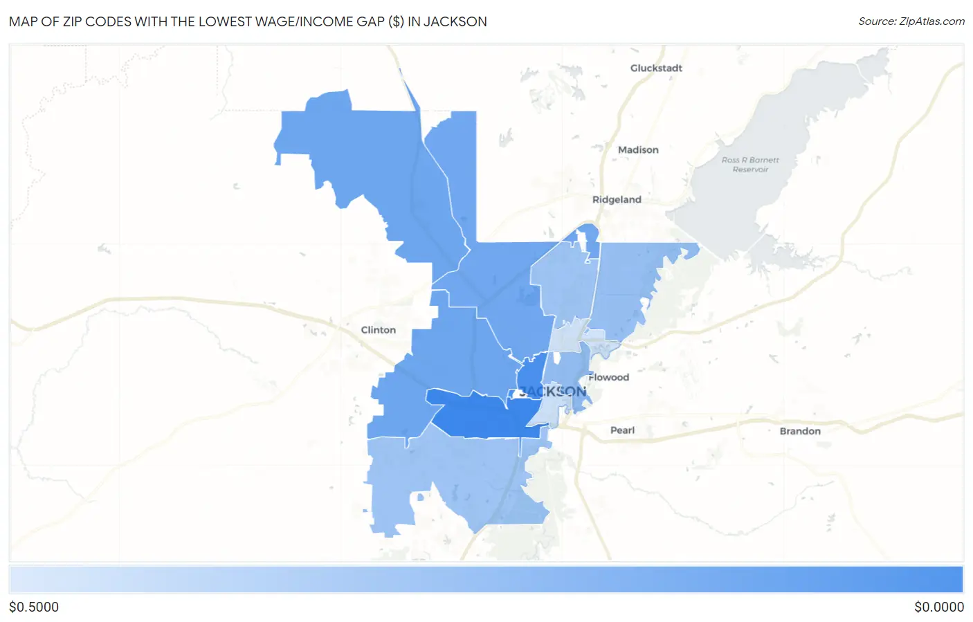 Zip Codes with the Lowest Wage/Income Gap ($) in Jackson Map