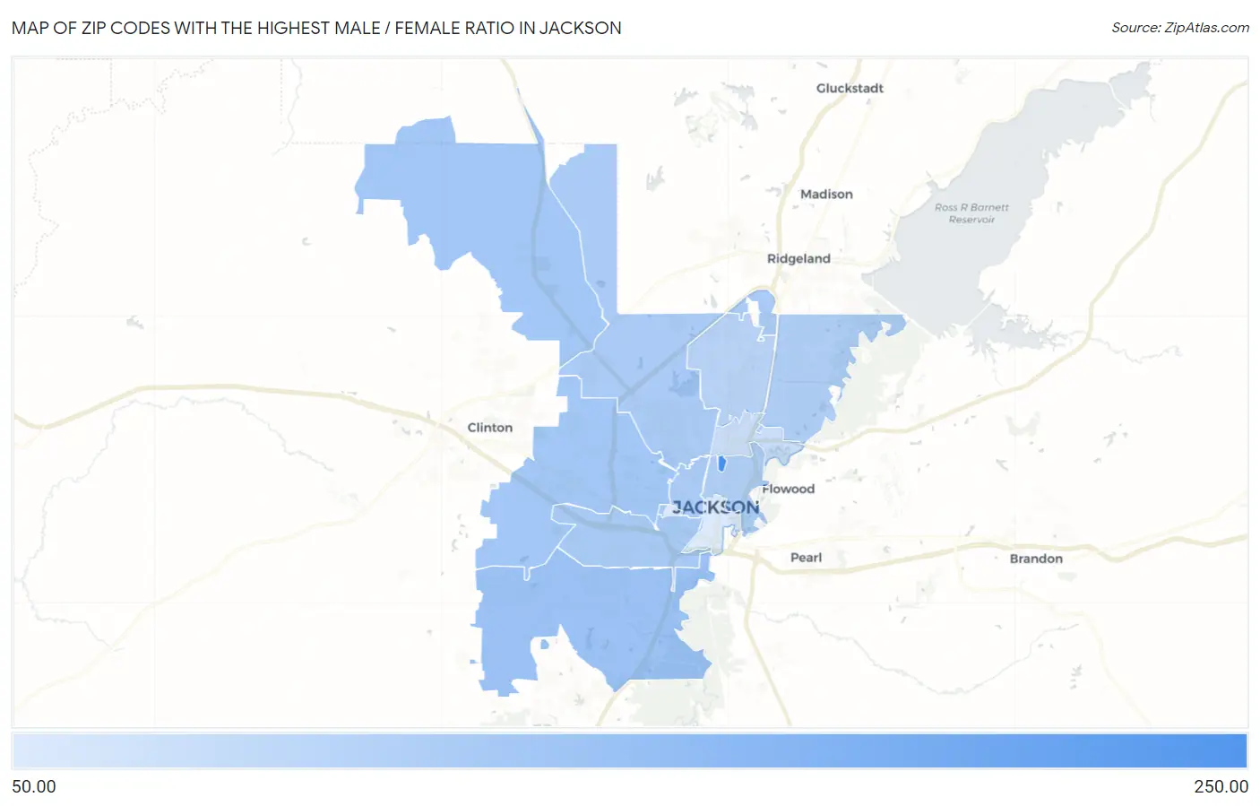 Zip Codes with the Highest Male / Female Ratio in Jackson Map
