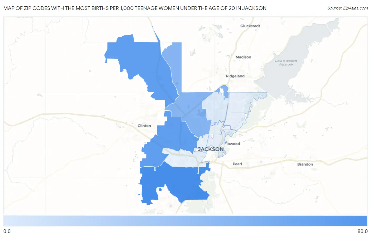 Zip Codes with the Most Births per 1,000 Teenage Women Under the Age of 20 in Jackson Map