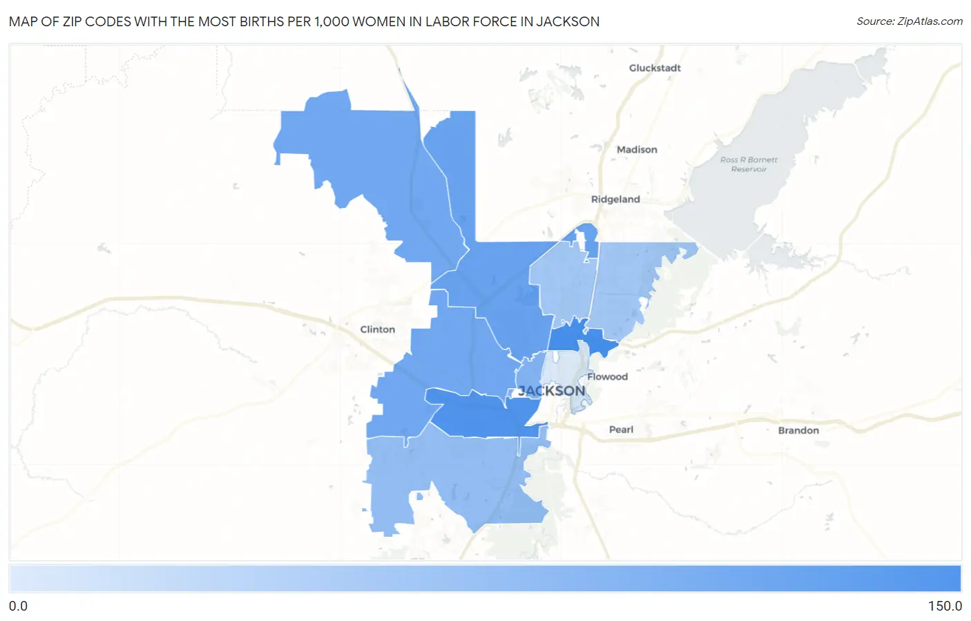 Zip Codes with the Most Births per 1,000 Women in Labor Force in Jackson Map