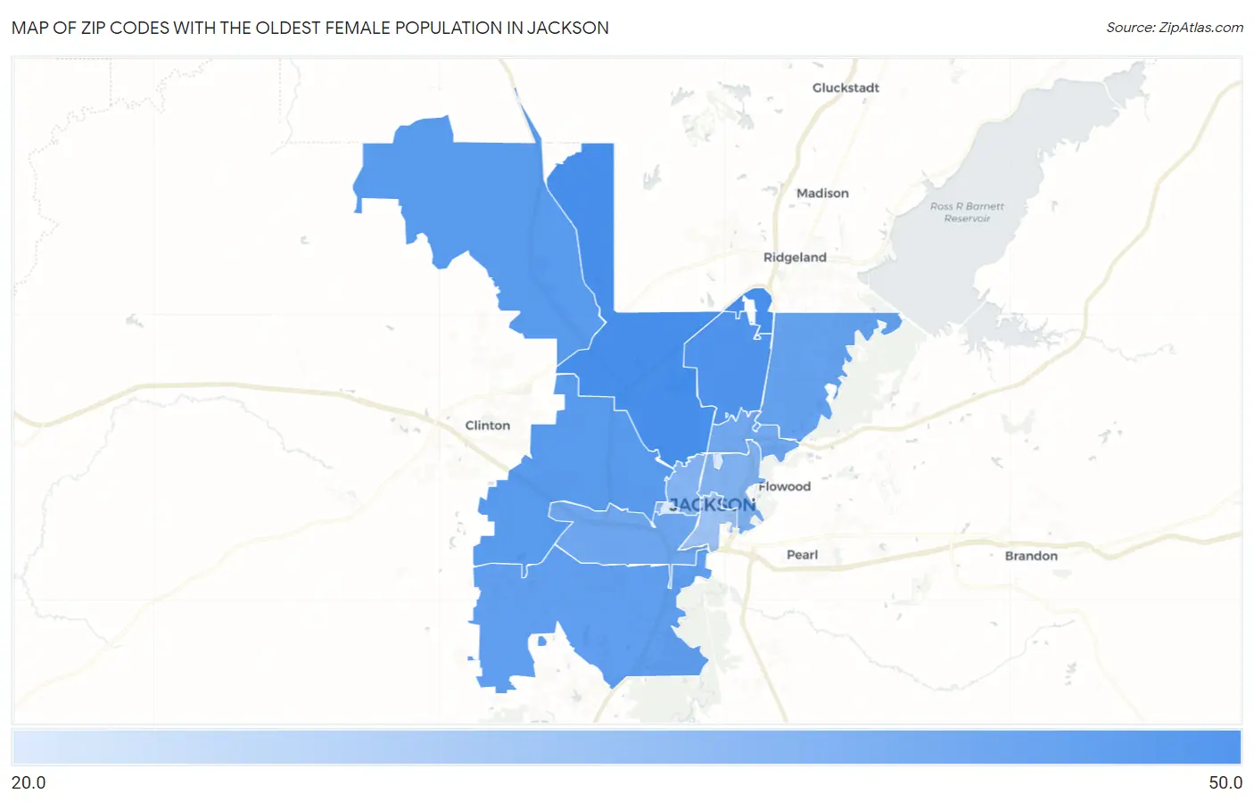 Zip Codes with the Oldest Female Population in Jackson Map
