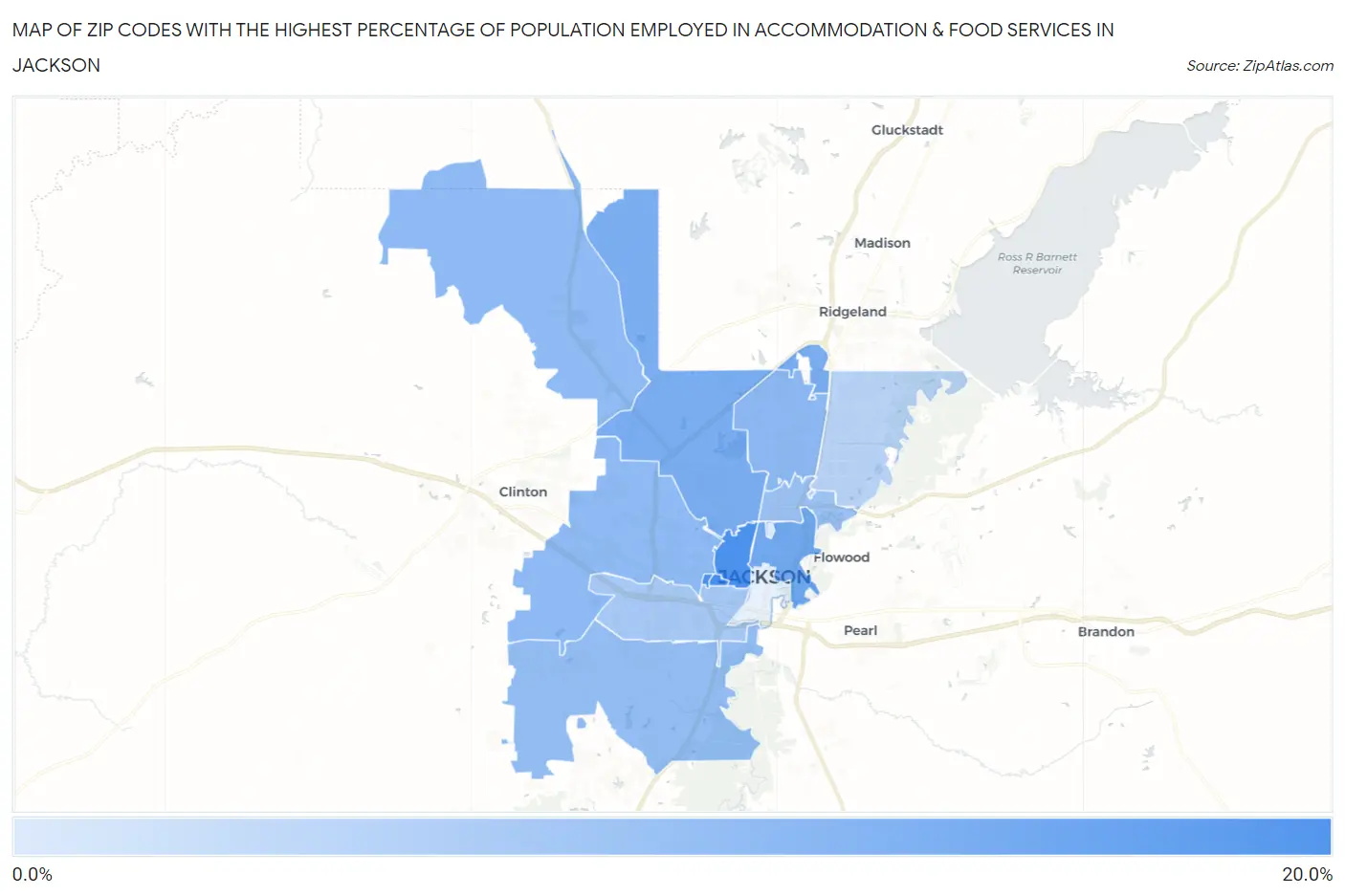 Zip Codes with the Highest Percentage of Population Employed in Accommodation & Food Services in Jackson Map