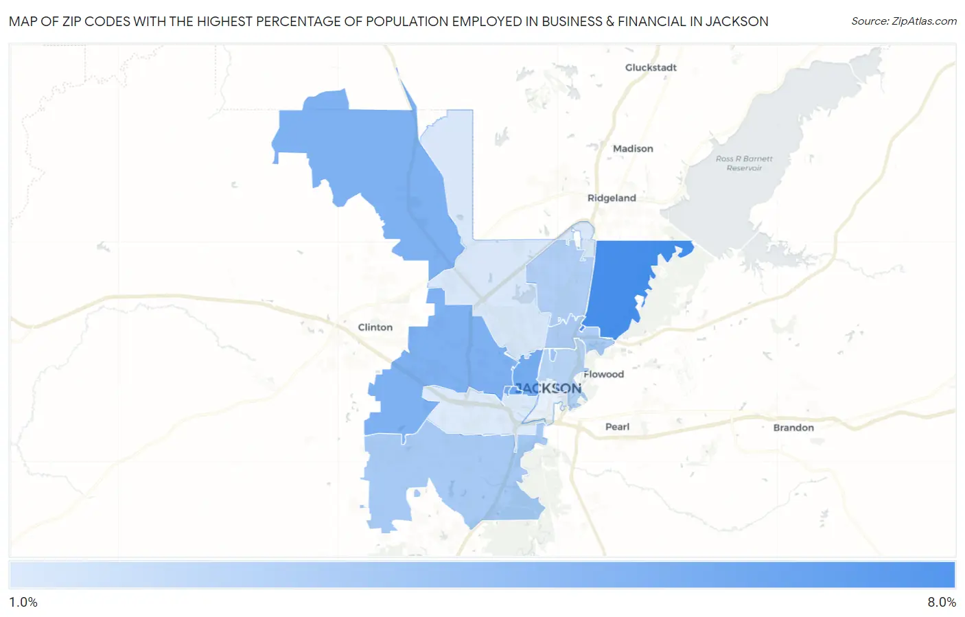 Zip Codes with the Highest Percentage of Population Employed in Business & Financial in Jackson Map