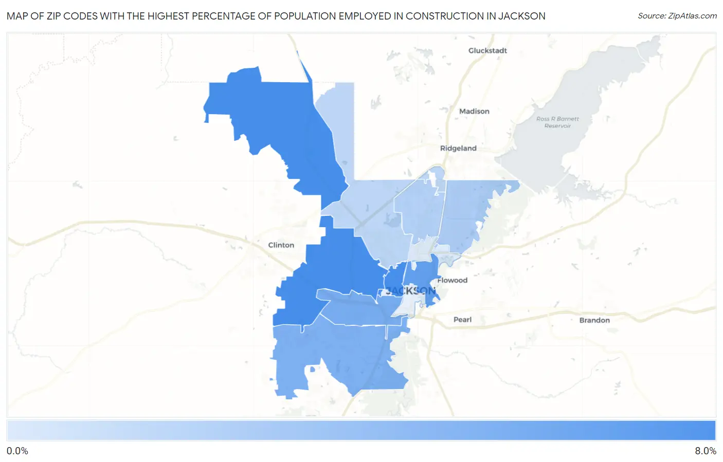 Zip Codes with the Highest Percentage of Population Employed in Construction in Jackson Map