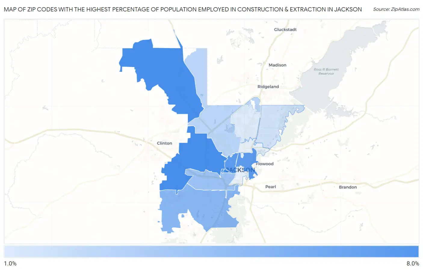 Zip Codes with the Highest Percentage of Population Employed in Construction & Extraction in Jackson Map