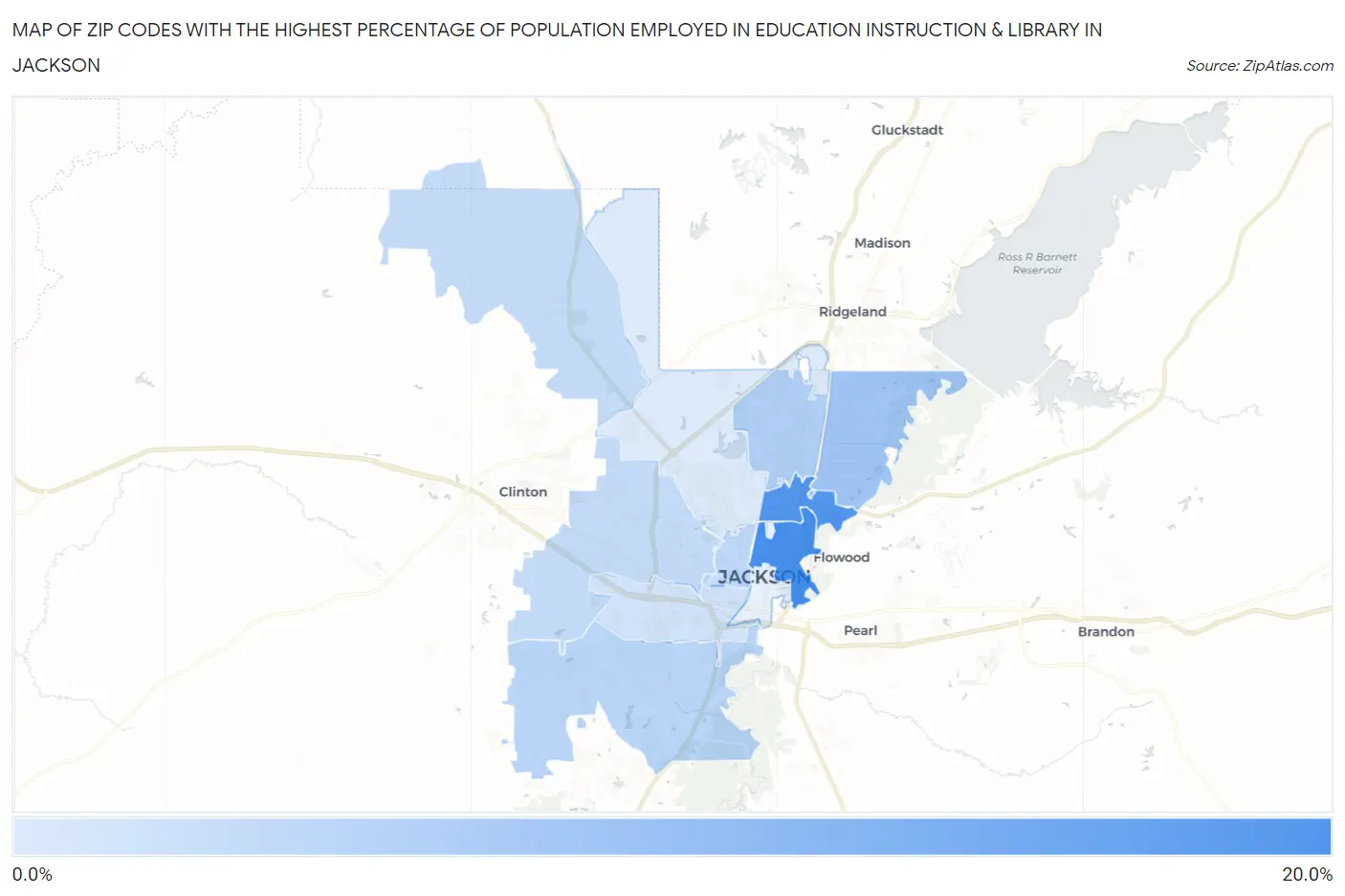 Zip Codes with the Highest Percentage of Population Employed in Education Instruction & Library in Jackson Map