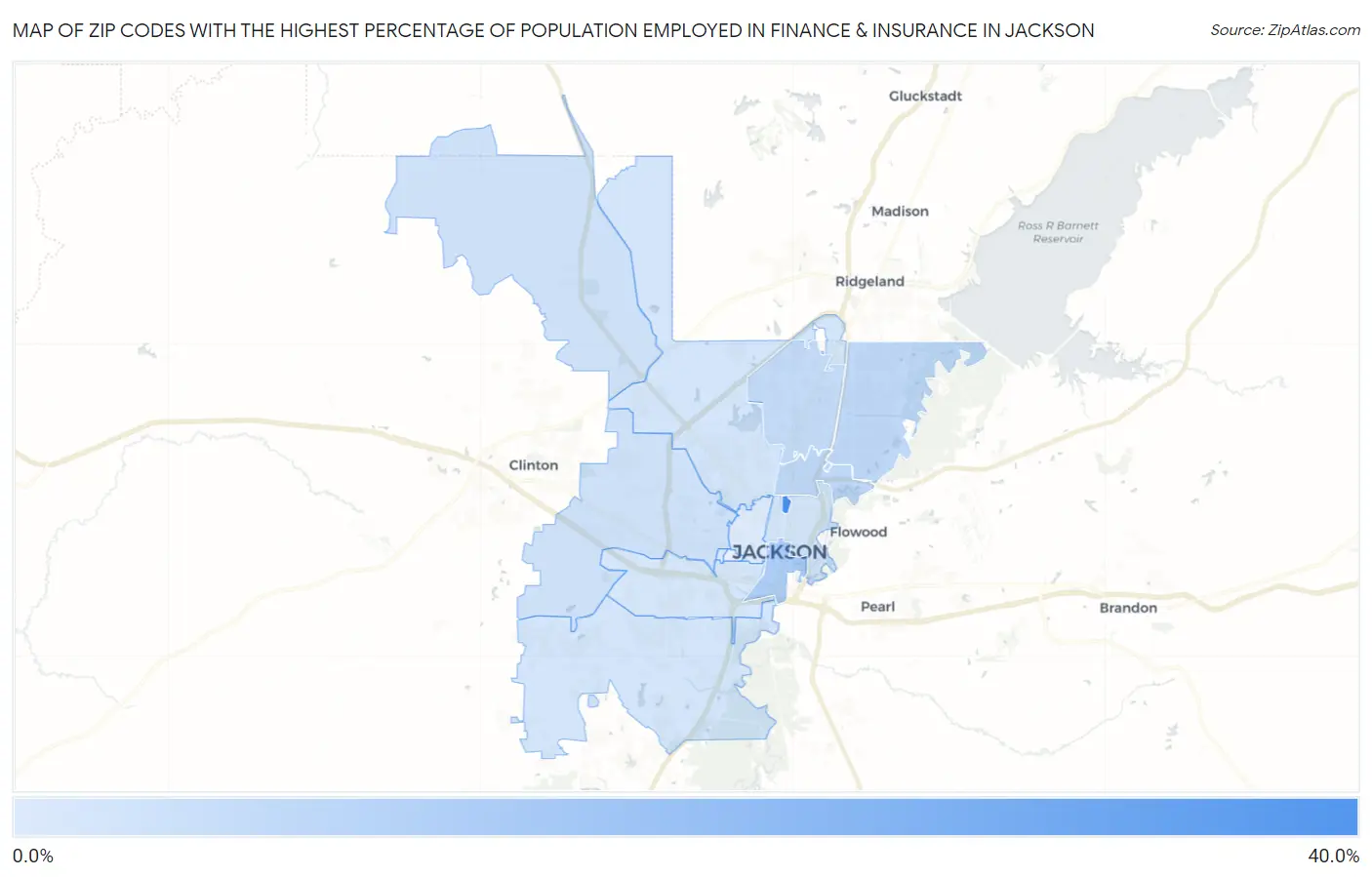 Zip Codes with the Highest Percentage of Population Employed in Finance & Insurance in Jackson Map