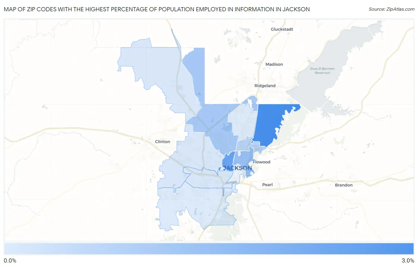 Zip Codes with the Highest Percentage of Population Employed in Information in Jackson Map