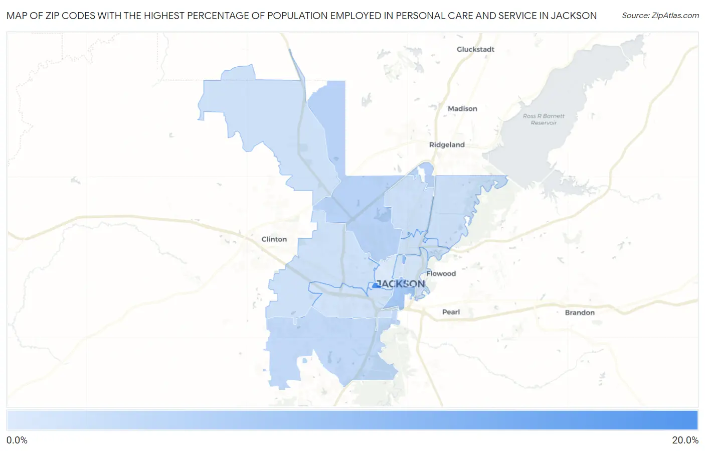 Zip Codes with the Highest Percentage of Population Employed in Personal Care and Service in Jackson Map