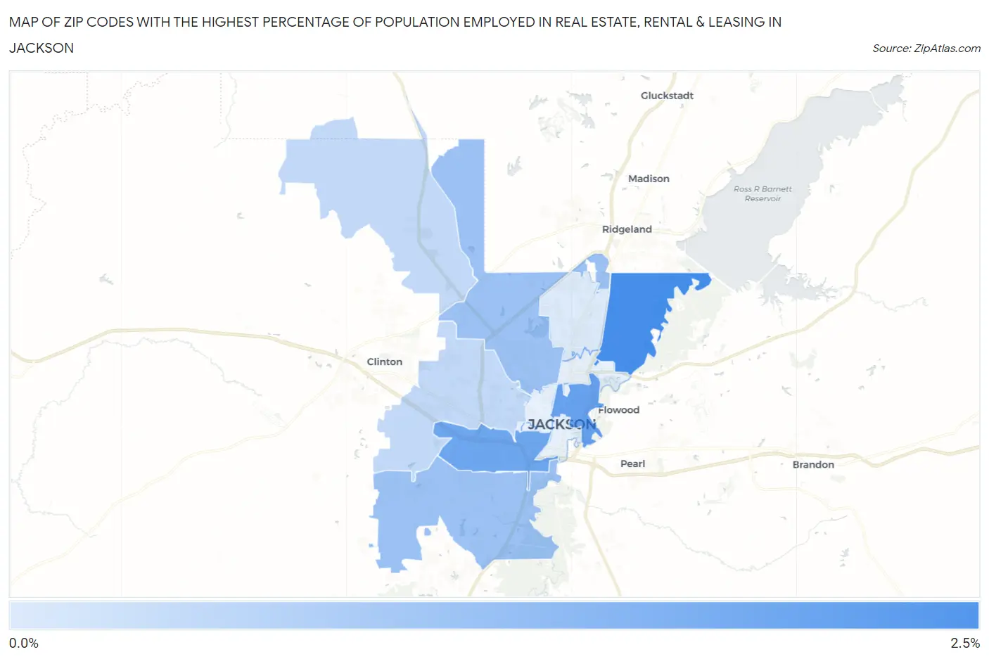Zip Codes with the Highest Percentage of Population Employed in Real Estate, Rental & Leasing in Jackson Map