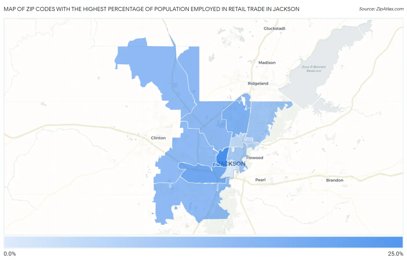 Zip Codes with the Highest Percentage of Population Employed in Retail Trade in Jackson Map