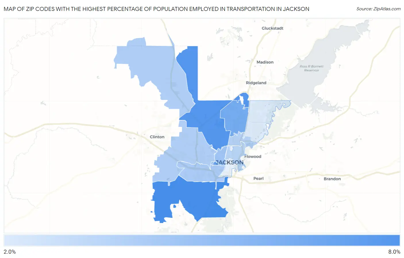 Zip Codes with the Highest Percentage of Population Employed in Transportation in Jackson Map