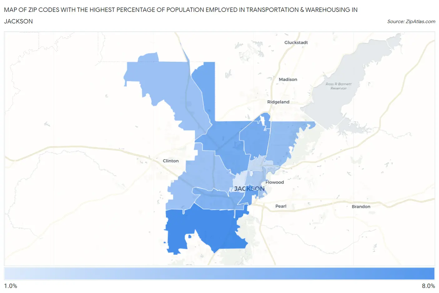 Zip Codes with the Highest Percentage of Population Employed in Transportation & Warehousing in Jackson Map