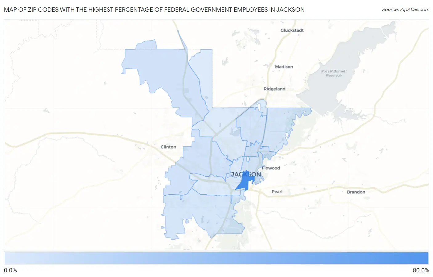 Zip Codes with the Highest Percentage of Federal Government Employees in Jackson Map