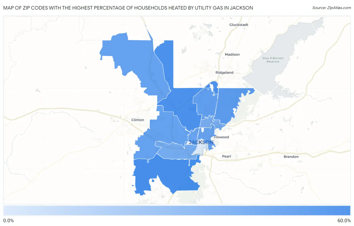 Zip Codes with the Highest Percentage of Households Heated by Utility Gas in Jackson Map