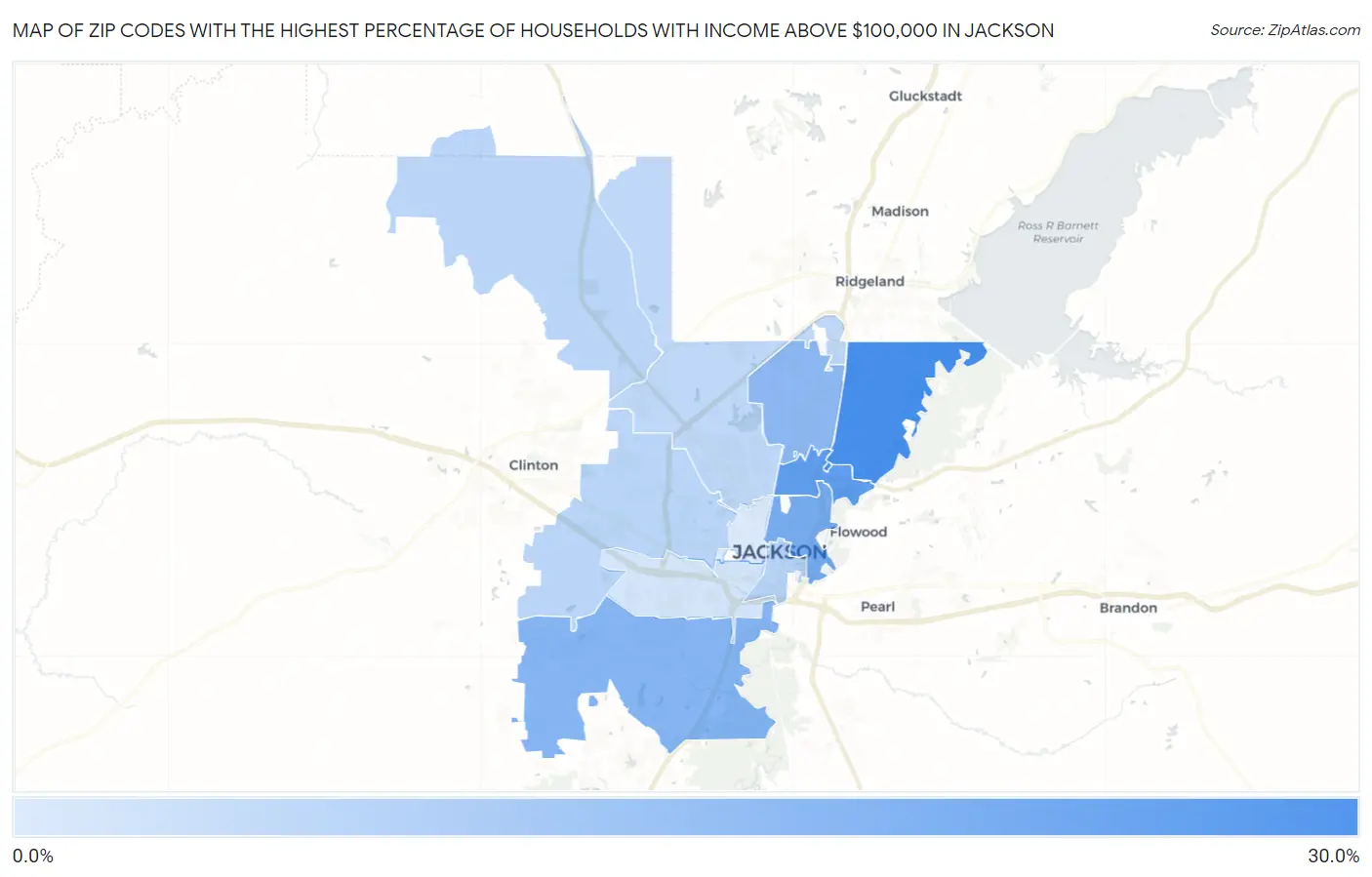 Zip Codes with the Highest Percentage of Households with Income Above $100,000 in Jackson Map