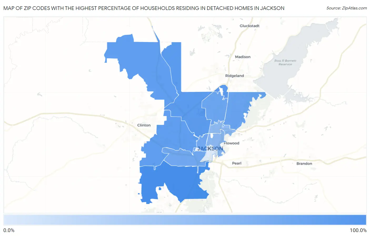 Zip Codes with the Highest Percentage of Households Residing in Detached Homes in Jackson Map