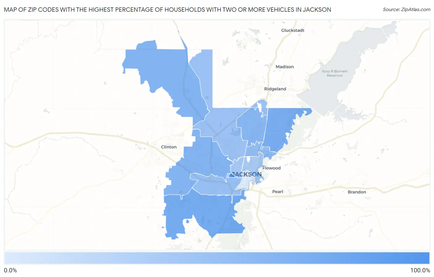 Zip Codes with the Highest Percentage of Households With Two or more Vehicles in Jackson Map