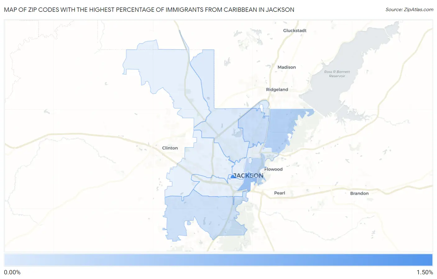 Zip Codes with the Highest Percentage of Immigrants from Caribbean in Jackson Map