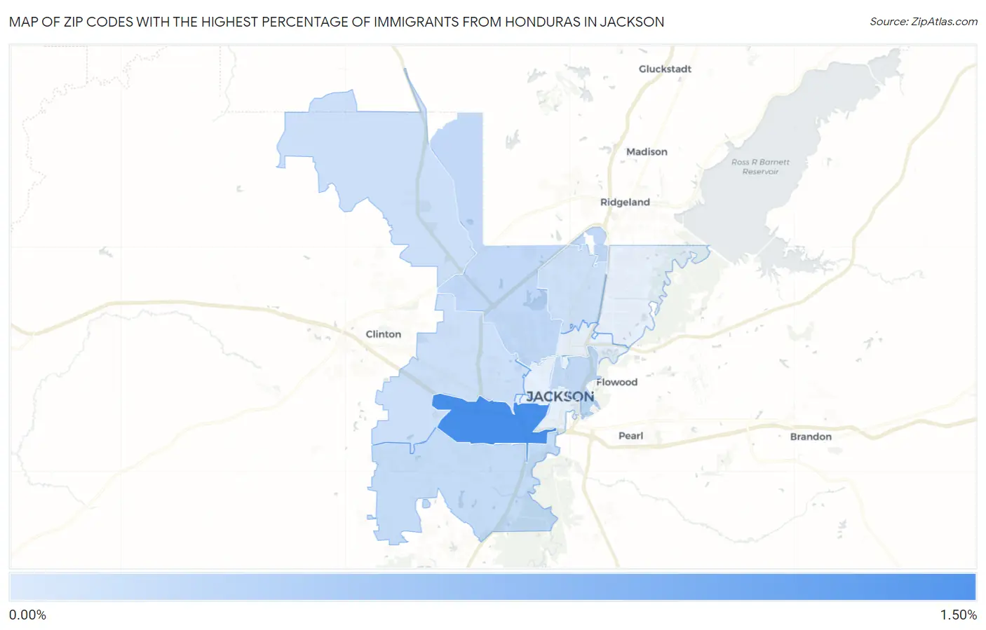 Zip Codes with the Highest Percentage of Immigrants from Honduras in Jackson Map
