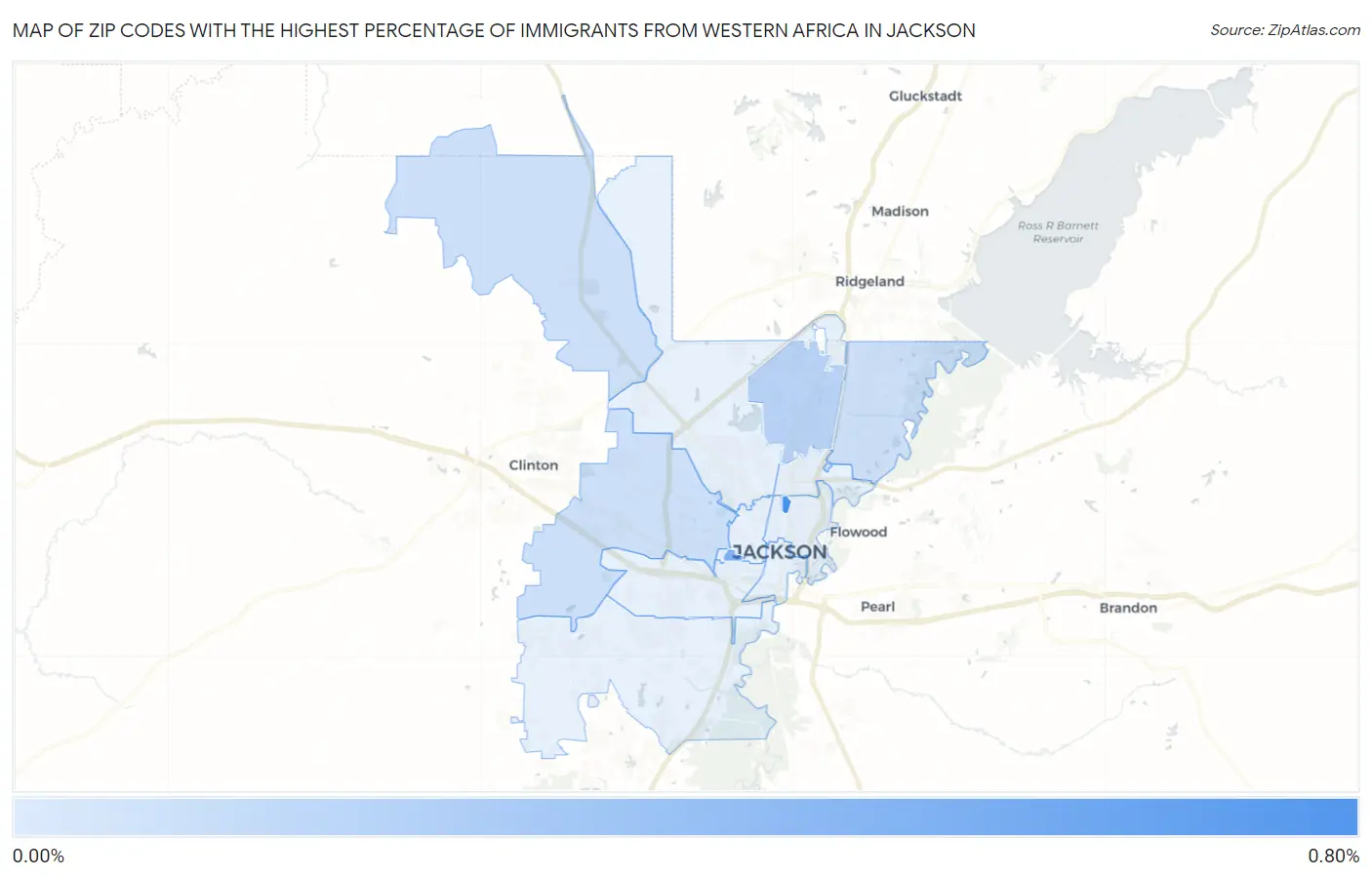 Zip Codes with the Highest Percentage of Immigrants from Western Africa in Jackson Map
