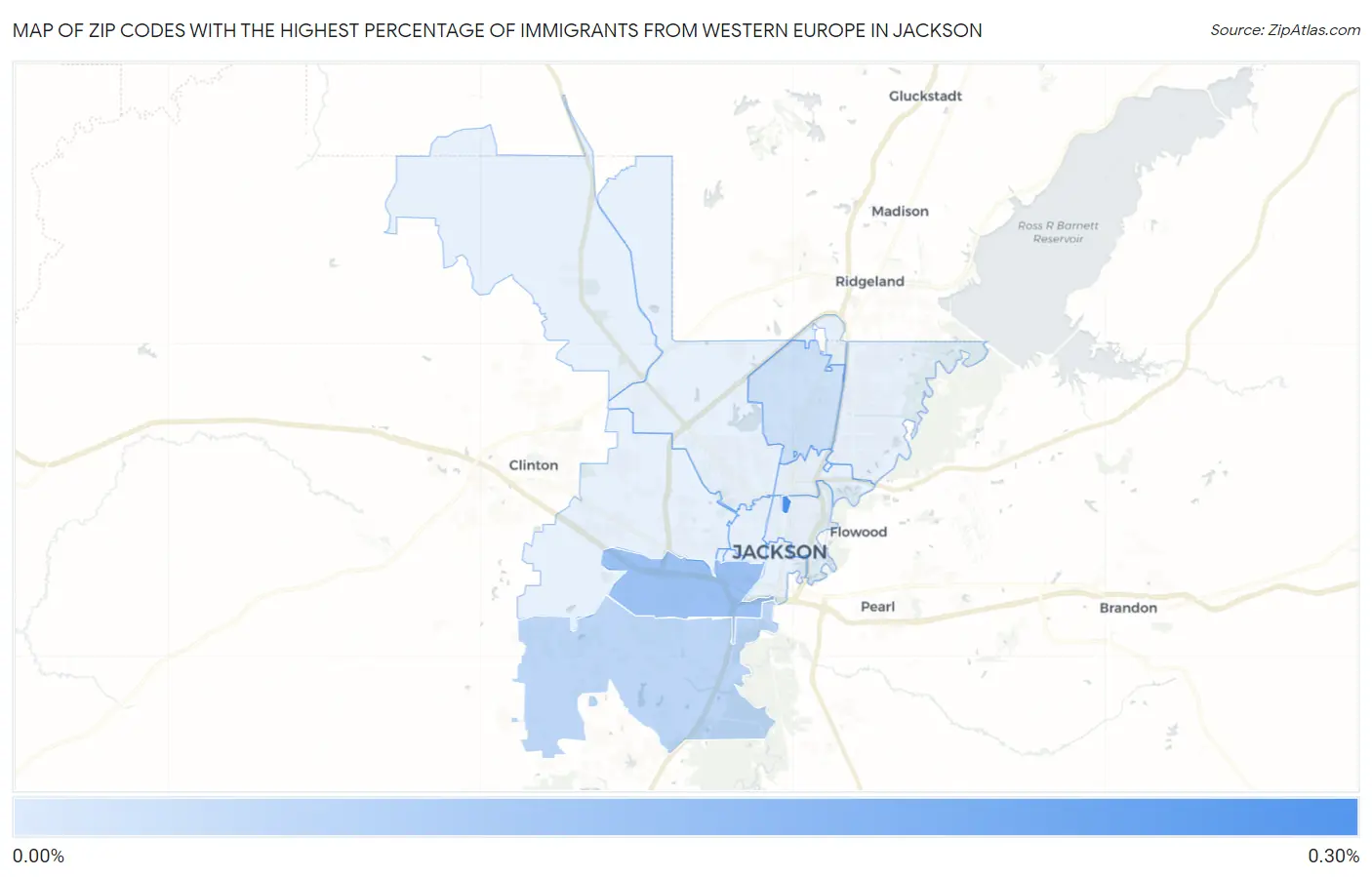 Zip Codes with the Highest Percentage of Immigrants from Western Europe in Jackson Map