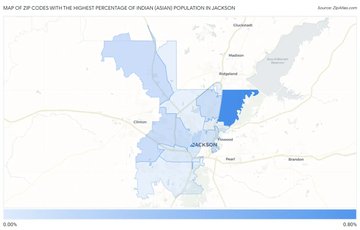 Zip Codes with the Highest Percentage of Indian (Asian) Population in Jackson Map