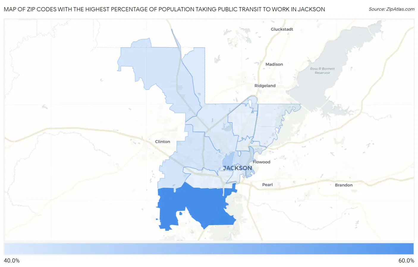 Zip Codes with the Highest Percentage of Population Taking Public Transit to Work in Jackson Map