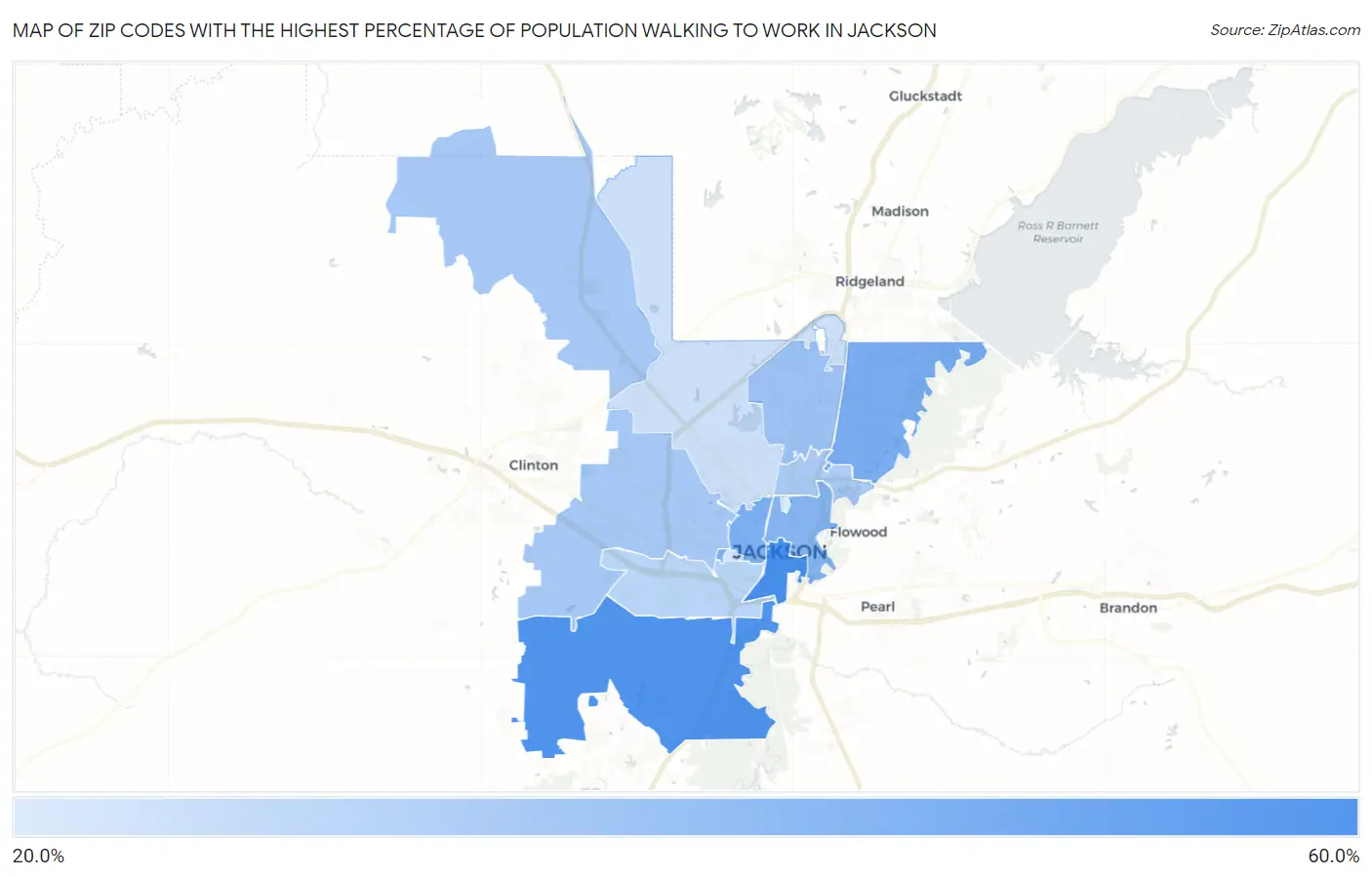 Zip Codes with the Highest Percentage of Population Walking to Work in Jackson Map